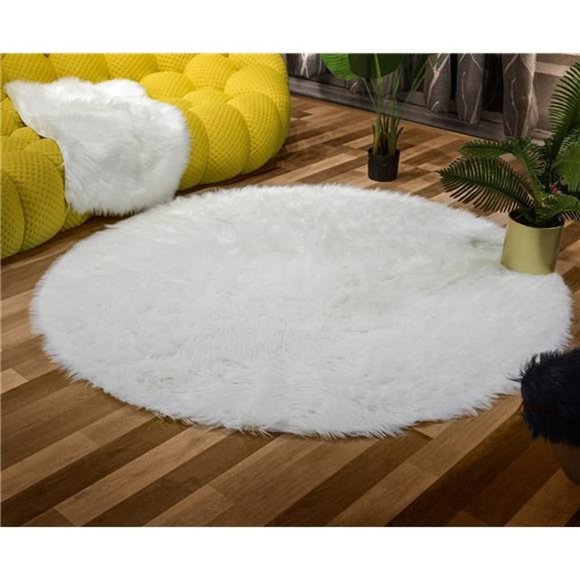White Round Rugs 6ft Circle Faux Fur Sheepskin Living Room Fluffy Washable Rug - Picture 4 of 6